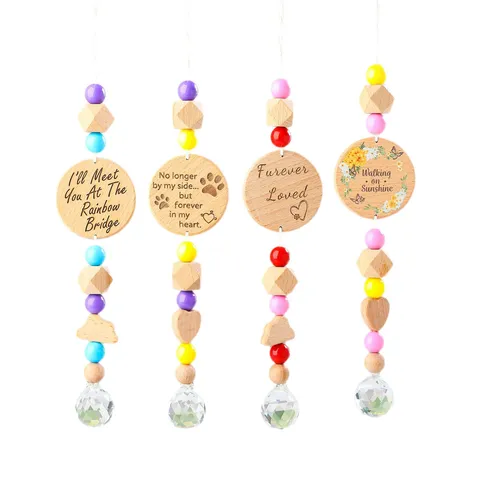 Ξύλινο Κρυστάλλινο Suncatcher Μνημείο για Κατοικίδια Διακοσμητικό Κήπου Πολύχρωμες Χάντρες Μενταγιόν με Χάραξη Rainbow Bridge