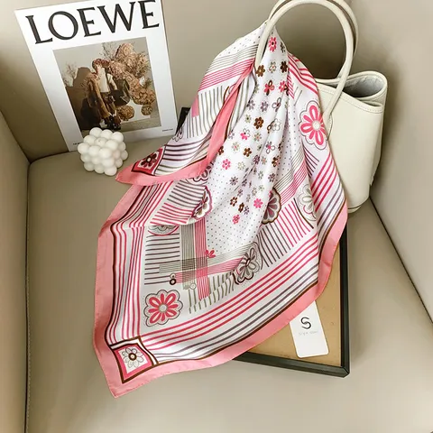 French Floral Satin Square Scarf For Women Polyester Printed Neck Scarf Elegant Bandana Headwrap Shawl Sun Protection