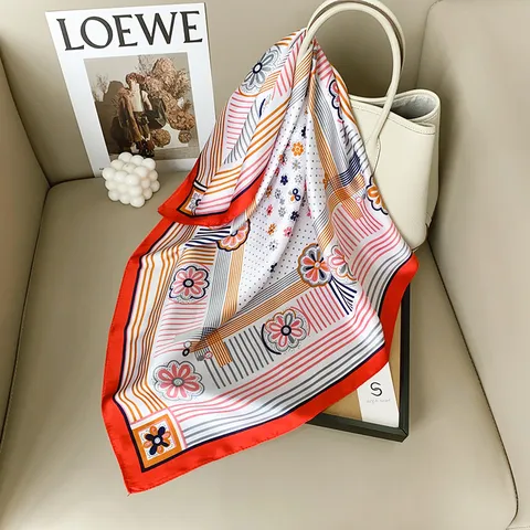 French Floral Satin Square Scarf For Women Polyester Printed Neck Scarf Elegant Bandana Headwrap Shawl Sun Protection