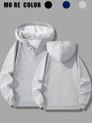Herren Fleece Gefüttert Hoodie Einfarbig Halbknopfleiste Top Langarm Casual Sportlich Pullover Fleece Kapuzenpullover