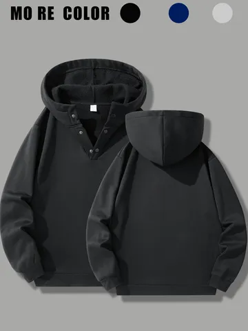 Herren Fleece Gefüttert Hoodie Einfarbig Halbknopfleiste Top Langarm Casual Sportlich Pullover Fleece Kapuzenpullover