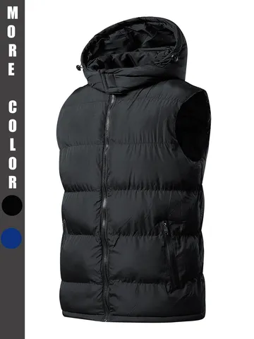 Herren Wattierte Weste Mit Kapuze Europäische Größe Verdickt Winter Warm Ärmellose Jacke Polyester Einfarbig Lässige Weste