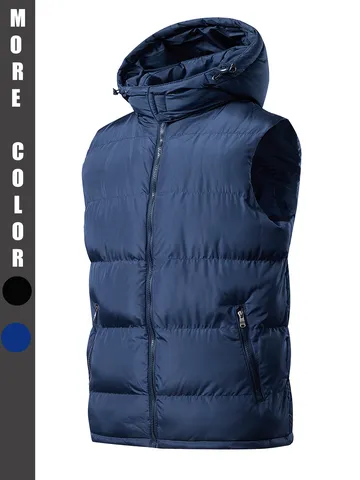 Herren Wattierte Weste Mit Kapuze Europäische Größe Verdickt Winter Warm Ärmellose Jacke Polyester Einfarbig Lässige Weste