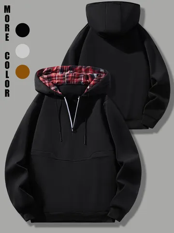 Herren Casual Kapuzenpullover Sweatshirt Halbreißverschluss Langarm Hoodie Mit Karofutter Einfarbig Polyester Sport Oberteil