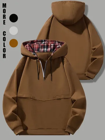 Herren Casual Kapuzenpullover Sweatshirt Halbreißverschluss Langarm Hoodie Mit Karofutter Einfarbig Polyester Sport Oberteil