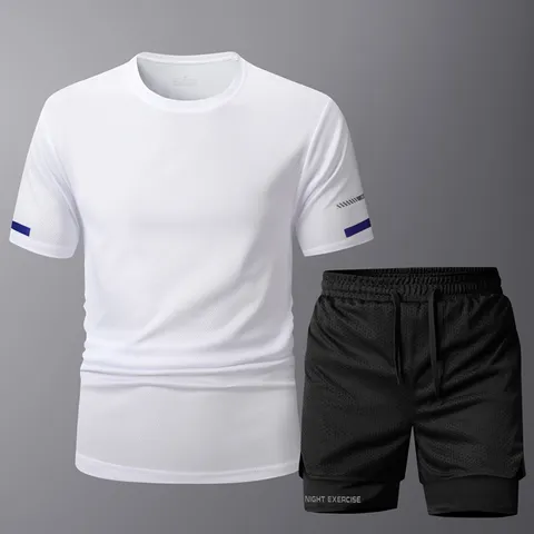 Herren Polyester Schnelltrocknend Sportbekleidung Set Kurzarm Top Und Hose Fitness Trainingsanzug Sommer Sport Outfit