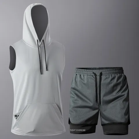Herren Ärmellos Kapuze Sport-Set Polyester Schnell Trocknend Atmungsaktiv Gym Workout Tank Top Und Shorts Activewear Trainingsanzug