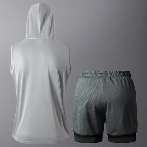 Herren Ärmellos Kapuze Sport-Set Polyester Schnell Trocknend Atmungsaktiv Gym Workout Tank Top Und Shorts Activewear Trainingsanzug