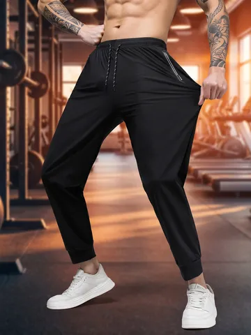 Herren Europäische Größe Schnelltrocknende Jogginghose Elastische Taille Sporthose Mit Reißverschlusstaschen Einfarbig Sportboden