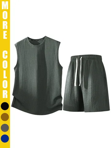 Herren Sommer Ärmellose Weste Und Shorts Set Polyester Waffelstruktur Lässiger Strandurlaub Top And Bottom
