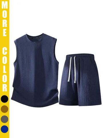 Herren Sommer Ärmellose Weste Und Shorts Set Polyester Waffelstruktur Lässiger Strandurlaub Top And Bottom