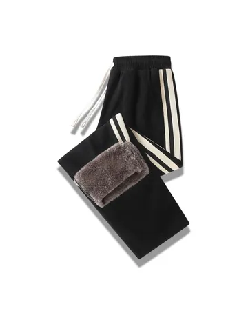 Herren Casual Gerade Bein Fleece Gefütterte Hose Herbst Winter Warm Verdickt Hose Mit Seitenstreifen Kordelzug Jogginghose