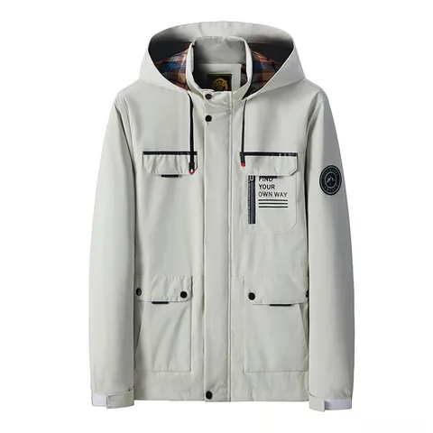 Men Mid-Long Hooded Jacket Windbreaker Waterproof Windproof Multi-Pocket Polyester Coat Plaid Lining Casual Outerwear
