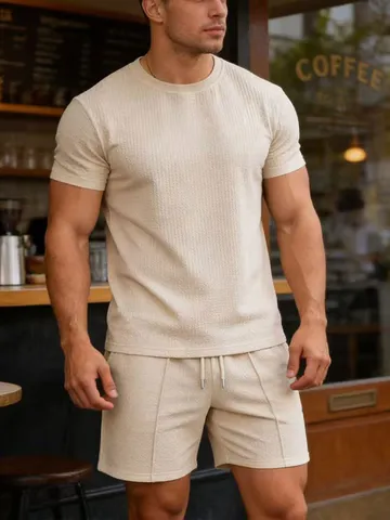 Herren Casual Waffelstrick Top And Bottom Set Rundhals Kurzarm T-Shirt Und Shorts Einfarbig Strand Urlaub Outfit