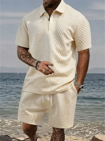 Herren Casual Urlaub Oberteil und Unterteil Revers Halbreißverschluss Kurzarm Hemd Shorts Texturierte Strick Atmungsaktiv Sommer Outfit