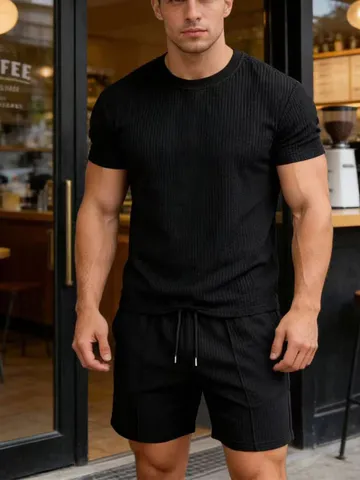 Herren Casual Waffelstrick Top And Bottom Set Rundhals Kurzarm T-Shirt Und Shorts Einfarbig Strand Urlaub Outfit