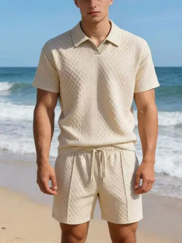 Herren Casual Strick Polo Set Kurzarm Strukturierte Hemd Und Kordelzug Shorts Zweiteiliges Sommer Strand Outfit Sportanzug