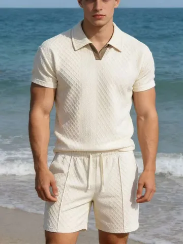 Herren Casual Strick Polo Set Kurzarm Strukturierte Hemd Und Kordelzug Shorts Zweiteiliges Sommer Strand Outfit Sportanzug