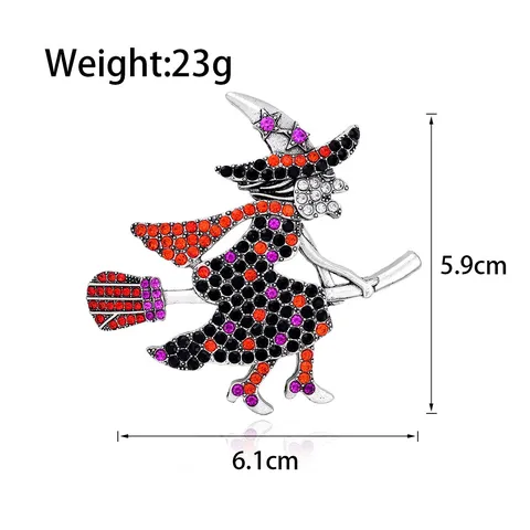 Halloween Witch Flying Broom Brooch Antique Silver Zinc Alloy Rhinestone Pin Fashion Jewelry Gift For Women