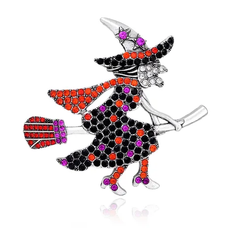 Halloween Witch Flying Broom Brooch Antique Silver Zinc Alloy Rhinestone Pin Fashion Jewelry Gift For Women