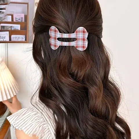 Vintage PVC Bone Shaped Hair Clips Leopard Polka Dot Grid Pattern Flat Duckbill Clip Fashion Hair Accessories For Women