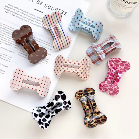 Vintage PVC Bone Shaped Hair Clips Leopard Polka Dot Grid Pattern Flat Duckbill Clip Fashion Hair Accessories For Women
