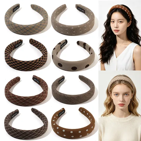 Herfst Winter Spons Hoofdband High Top Koffie Geruit Stippen Haarrand Voor Vrouwen Dagelijkse Gezichtsreiniging Antislip Handgemaakte Haaraccessoire