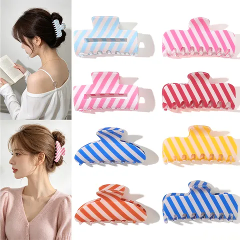 Women's Fresh Summer PVC Striped Hair Claw Clip High End Minimalist Shark Clip Daily Versatile Colorful Stripes Headwear Accessories