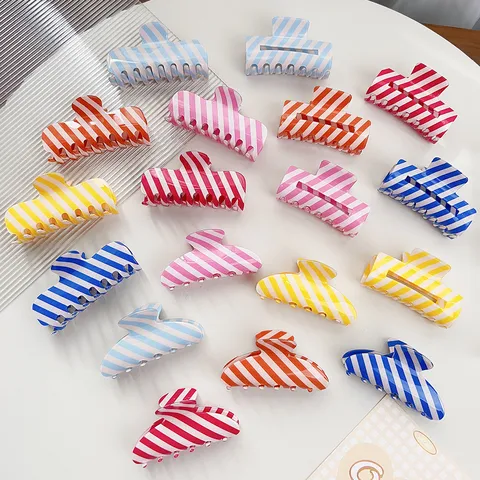 Women's Fresh Summer PVC Striped Hair Claw Clip High End Minimalist Shark Clip Daily Versatile Colorful Stripes Headwear Accessories