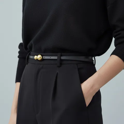 Minimalist Genuine Leather Women Belt With Metal Ball Buckle Versatile Thin Strap For Dress Daily Commute