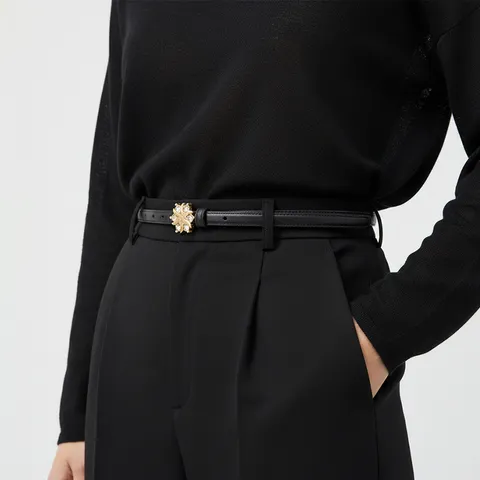 Women's Genuine Leather Belt Minimalist Business Style Thin Waist Belt With Metal Rhinestone Buckle For Jeans Pants