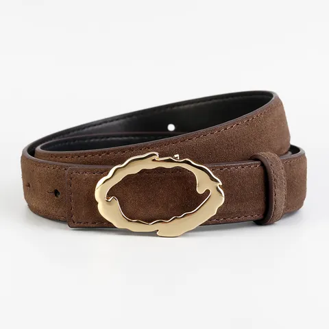 Women Wide Split Cowhide Leather Belt Casual Waistband With Irregular Gold Metal Snap Buckle For Jeans Pants