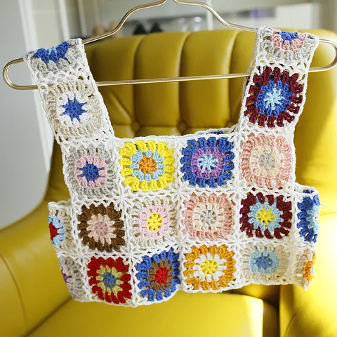 Gilet au Crochet en Carrés Multicolores Fait Main pour Femmes Débardeur en Maille de Coton et Acrylique Vintage Top Court Sans Manches Vêtement