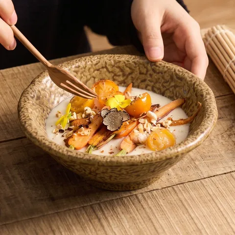 Cuenco de Sopa de Cerámica Vintage Textura de Roca Transformada en Horno Borde Festoneado Ensaladera para Hogar Hotel Restaurante Vajilla