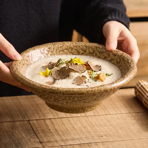 Cuenco de Sopa de Cerámica Vintage Textura de Roca Transformada en Horno Borde Festoneado Ensaladera para Hogar Hotel Restaurante Vajilla