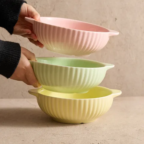 Macaron Color Vertical Ribbed Ceramic Noodle Bowl With Double Handles High Quality Soup Bowl Salad Bowl Microwave Safe Tableware