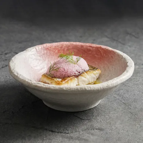 Bol de Sopa de Cerámica Retro Textura de Piedra Degradado Rosa Blanco de Horno Borde de Flor Bol de Ensalada Vajilla para Hogar
