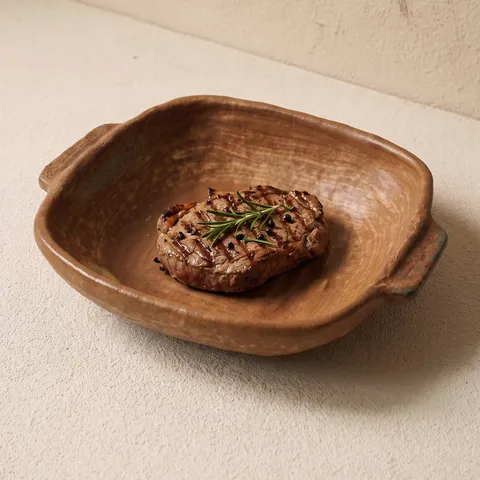 Vintage Kiln Change Ceramic Plate With Double Ears Hammered Texture Rectangular Steak Serving Dish For Home Restaurant Baked Rice Plate
