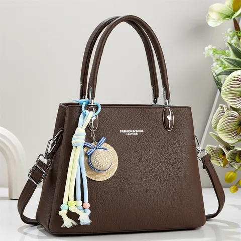 Damen Große Kapazität PU Leder Schultertasche Einfache Handtasche Mit Strohhut Anhänger Crossbody Messenger Bag Für Den Alltag