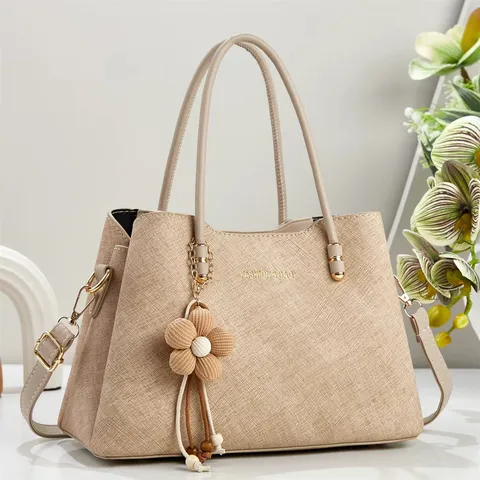 Women Large Capacity PU Leather Tote Bag Fashion Shoulder Crossbody Handbag With Flower Charm Commuter Daily Carry Bag
