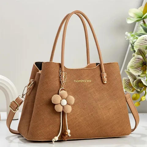 Women Large Capacity PU Leather Tote Bag Fashion Shoulder Crossbody Handbag With Flower Charm Commuter Daily Carry Bag