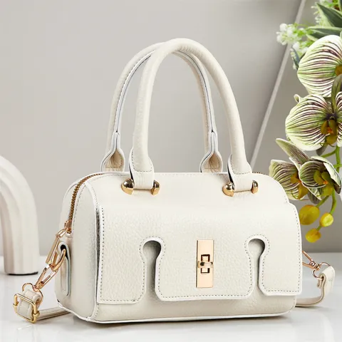 Women PU Leather Small Square Bag Litchi Pattern Crossbody Shoulder Bag Handheld Boston Bag With Gold Metal Lock Commuter Bag