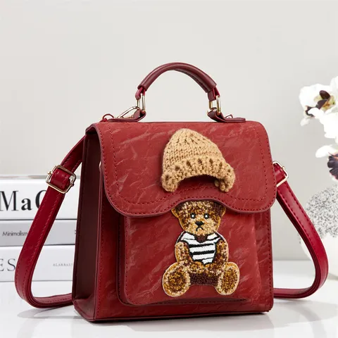 Women Fashion PU Leather Backpack Dual Use Handbag Cute Teddy Bear Knit Hat Decor Casual Small Travel Daypack For Teens Ladies