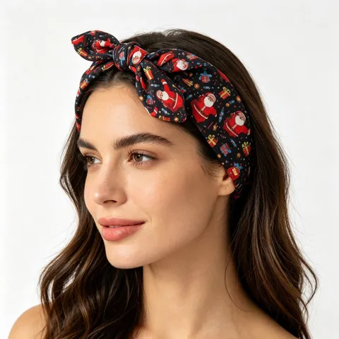 Women Christmas Headband Santa Claus Snowflake Print Bow Knot Elastic Hair Band Festive Rabbit Ear Styling Hair Accessories