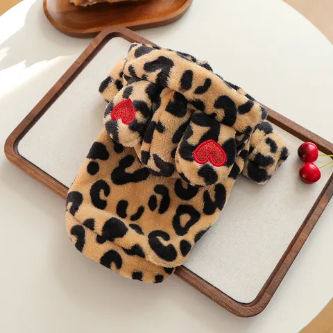 Pet Dog Hoodie Soft Plush Heart Leopard Print Sweatshirt With Small Ears For Small Dogs Puppies Cats Warm Casual Clothing Top