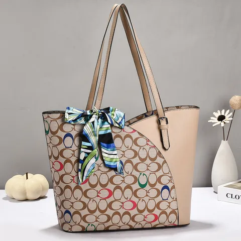 Damen Casual Große Kapazität Tragetasche Kontrast PU Leder Monogramm Druck Handtasche Mit Schal Umhängetasche Für Den Alltag