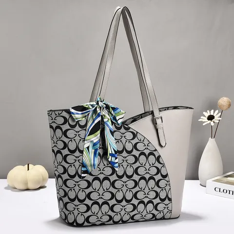 Damen Casual Große Kapazität Tragetasche Kontrast PU Leder Monogramm Druck Handtasche Mit Schal Umhängetasche Für Den Alltag