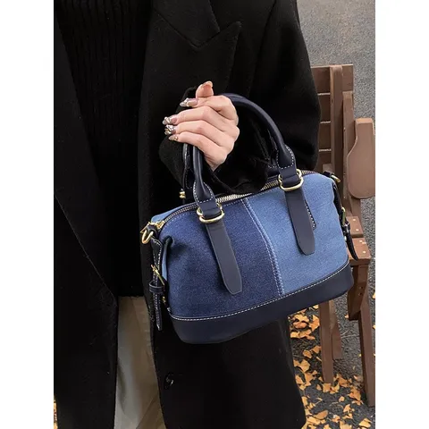 Women Color Block Denim Boston Bag Casual Stitching Shoulder Crossbody Bag Versatile Denim Tote Handbag For Daily Use