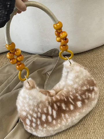 Sac Underarm en Fausse Fourrure Imprimé Animalier Sac à Bandoulière Rétro Sac à Main en Peluche Moelleuse Avec Perles et Chaîne pour Femmes