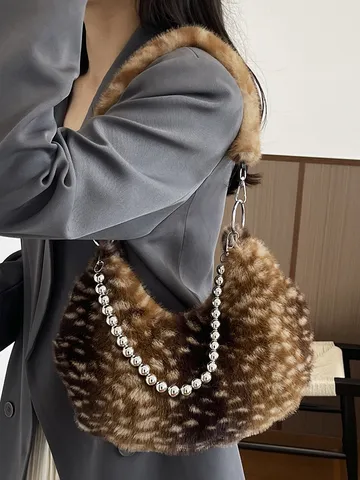 Sac Underarm en Fausse Fourrure Imprimé Animalier Sac à Bandoulière Rétro Sac à Main en Peluche Moelleuse Avec Perles et Chaîne pour Femmes